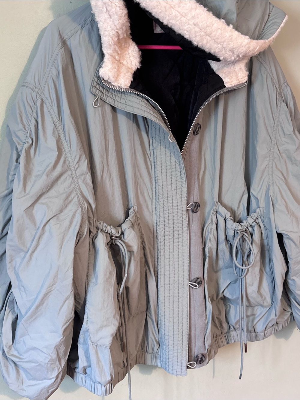 Free People Lillian Bomber jacket Light Gray Sherpa-Trim Puffer Size M